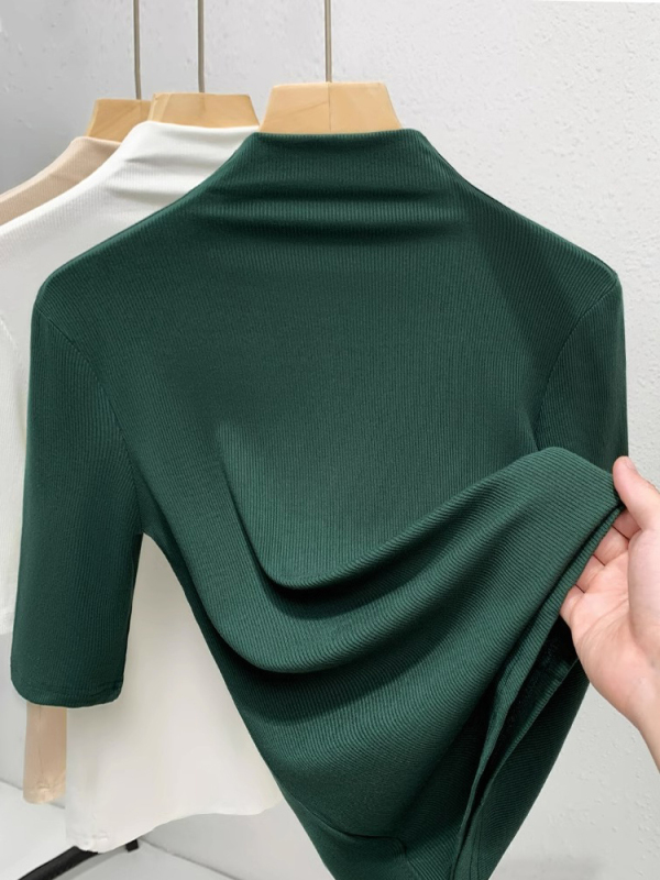 Half-High Collar, Five-Quarter Sleeve T-Shirt for Women, 2026 Autumn New Thin Base Shirt, Stretchy, Slim-Fitting, Slimming, Dark Green Top Half-High Collar, Five-Quarter Sleeve T-Shirt for Women, 2026 Autumn New Thin Base Shirt, Stretchy, Slim-Fitting, Slimming, Dark Green Top