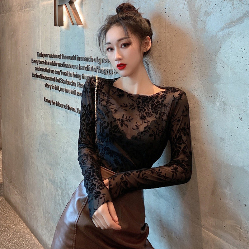 French Lace Top for Women 2026 Summer Thin High-End Printed Slim Mesh Black Sexy Chic Blouse