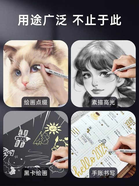 Marley Brand White, Gold, and Silver Highlighter Pens for Art Students, Professional Drawing White Pens, Hand-Drawn Markers, Comics, Elementary and Middle School Students' Sketching, Colored Core, Anime Design, Black Background Writing, White Text, Line Drawing