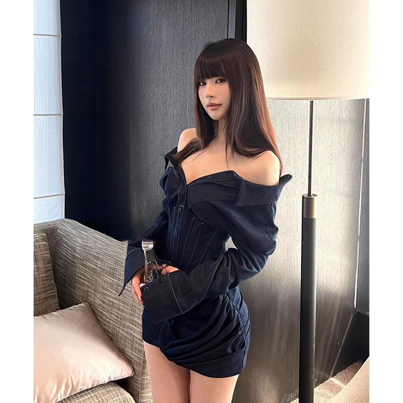 2026 Spring New Style Short Skirt Elegant High Waist Slimming Long Sleeve Shirt Collar Fishbone Denim Two-Way Dress for Women