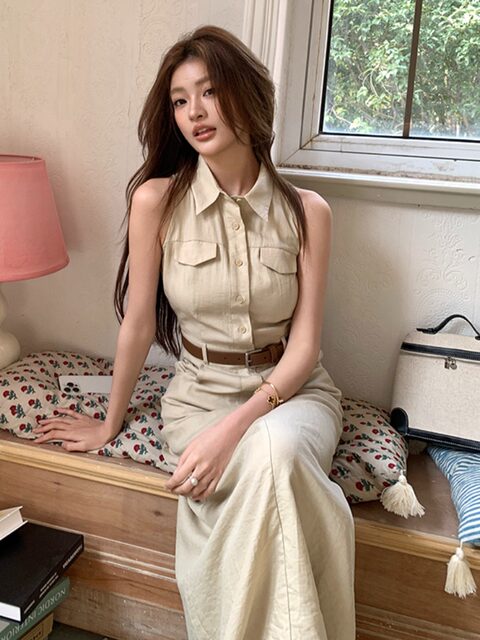 2025 Spring New Style Lapel Shirt Dress for Women, Elegant Sleeveless Design, Commuting Waist-Cinching Slim Fit Long Dress