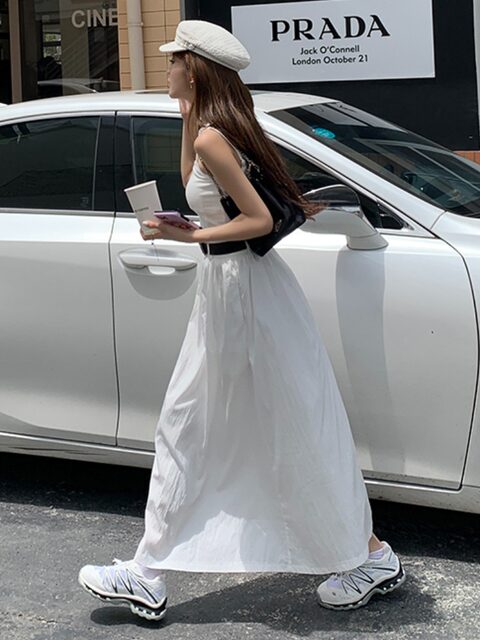 2024 Spring New High-Waisted Slimming White Mid-Length Skirt for Women, Elegant and Versatile A-Line Flared Long Skirt