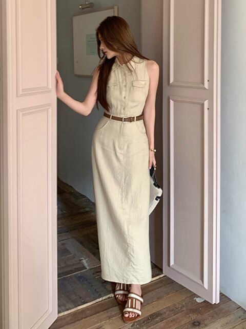 2025 Spring New Style Lapel Shirt Dress for Women, Elegant Sleeveless Design, Commuting Waist-Cinching Slim Fit Long Dress