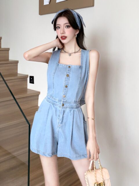 Sexy Hot Girl Denim Overalls with Back Slit, Hollow-Out Single-Breasted High-Waisted Wide-Leg Jumpsuit for Spring and Summer