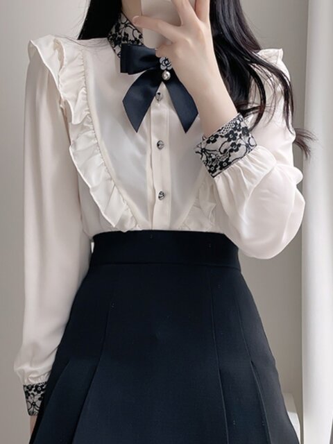Bow Lace Pink Shirt for Women, Niche Design, High-End Feel, French Style, Spring and Autumn, Petite Long-Sleeved Top