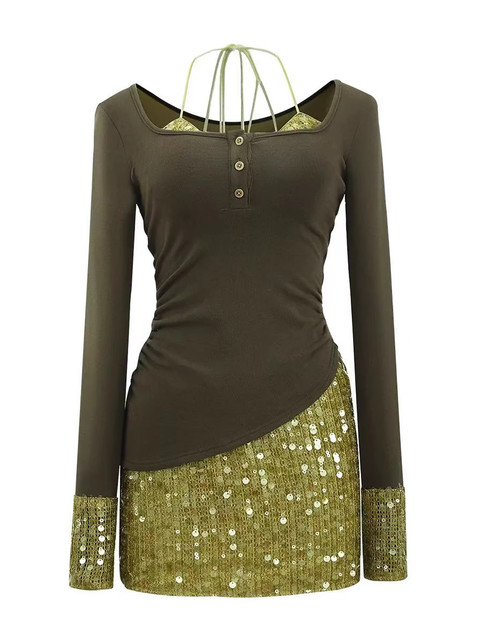 Sexy Hot Girl Outfit for Women, Autumn and Winter, Very Stylish, Faux Two-Piece Long-Sleeve Top with Sequin Strap Dress Two-Piece Set