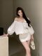 Niche flower one-line off-shoulder hip skirt summer new high-end shirt dress mid-sleeve slim short skirt for women
