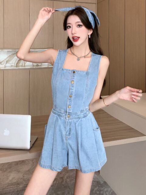Sexy Hot Girl Denim Overalls with Back Slit, Hollow-Out Single-Breasted High-Waisted Wide-Leg Jumpsuit for Spring and Summer