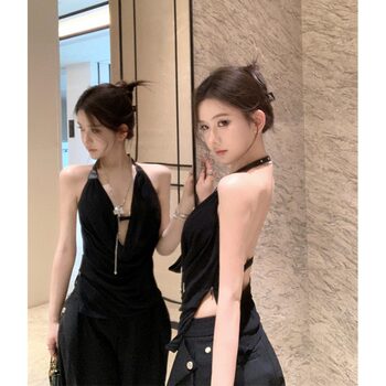 Black High-End Deep V Double-Layer Mesh Belt Halter Neck Sleeveless Tank Top with a Unique Design and Exposed Back