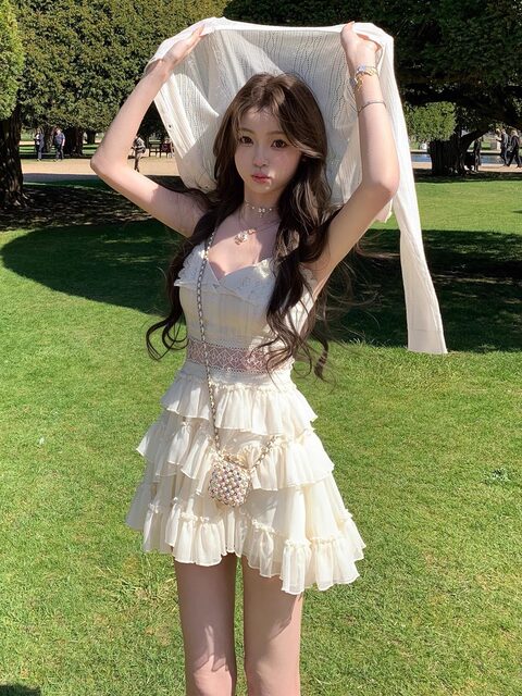 Purely Sensual Lace Patchwork Spaghetti Strap Dress, Feminine and Sexy V-Neck, Petite Waist-Cinching Slimming Short Dress