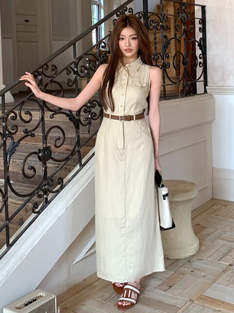 2025 Spring New Style Lapel Shirt Dress for Women, Elegant Sleeveless Design, Commuting Waist-Cinching Slim Fit Long Dress