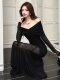French-Style Spicy Girl Style Mesh Patchwork One-Shoulder Dress for Women in Early Autumn, Pleated Slim Fit Bodycon Long Dress