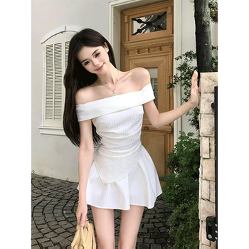 Summer New 2025 Waist-Slimming Off-Shoulder Top High-Waisted Skirt Elegant Striped Two-Piece Set for Women