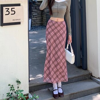 Plaid Skirt for Women 2025 Spring New European and American Retro Design Mesh Skirt High Waist Hip-Hugging Long Skirt