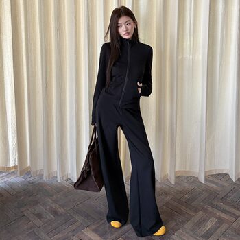 2025 Autumn and Winter New Style Stand-Up Collar Slim-Fit Long-Sleeved Jacket Top and Elegant Loose Wide-Leg Pants Two-Piece Suit for Women