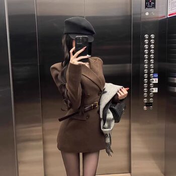 Melard Brown Shoulder-Length Blazer for Women, Autumn and Winter, High-End Double-Breasted Waist-Cinching Slimming Top