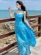Beautiful Summer Resort-Style French Long Dress with a Unique Tie-Dye Blue Spaghetti Strap Design for Women, 2025 Summer Women's Clothing