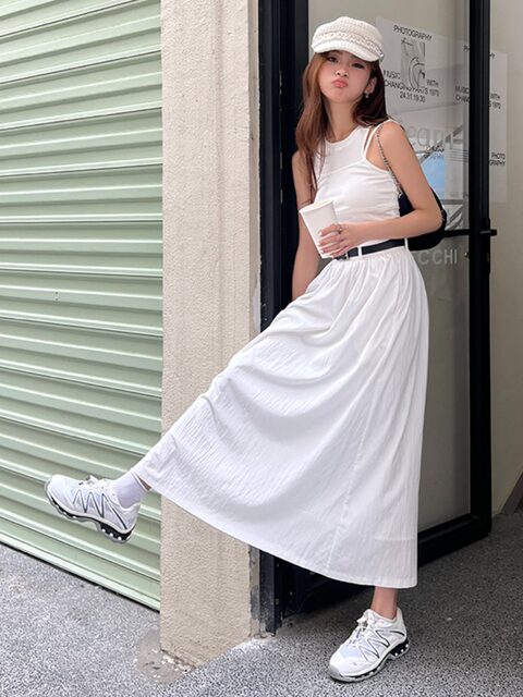 2024 Spring New High-Waisted Slimming White Mid-Length Skirt for Women, Elegant and Versatile A-Line Flared Long Skirt