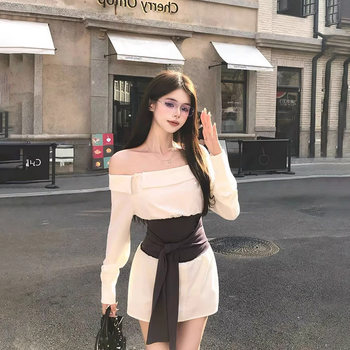 High-End One-Shoulder Long-Sleeved Shirt, White Dress for Women, Designer Niche, Waist-Cinching Tie-Up Short Skirt for Autumn