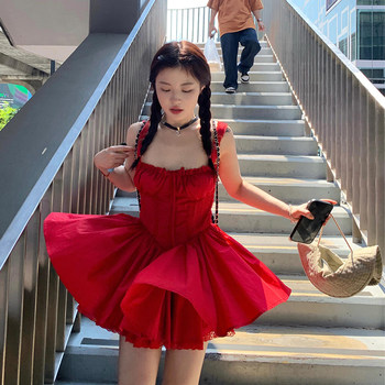 French-Style Ballet Dress with Bow Tie, Strapless Waist-Cinching Slip Dress, Summer Red Vacation First Love Short Dress