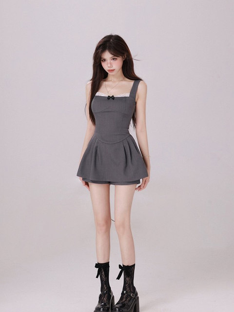 Purely Sensual Lace Patchwork Spaghetti Strap Dress for Women, Summer French Style with Bow, Waist-Cinching, Slimming Short Dress