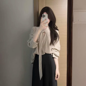 French Retro Striped Ribbon Long-Sleeve Shirt Top for Women, New Autumn High-End Base Shirt, Stylish and Trendy Blouse