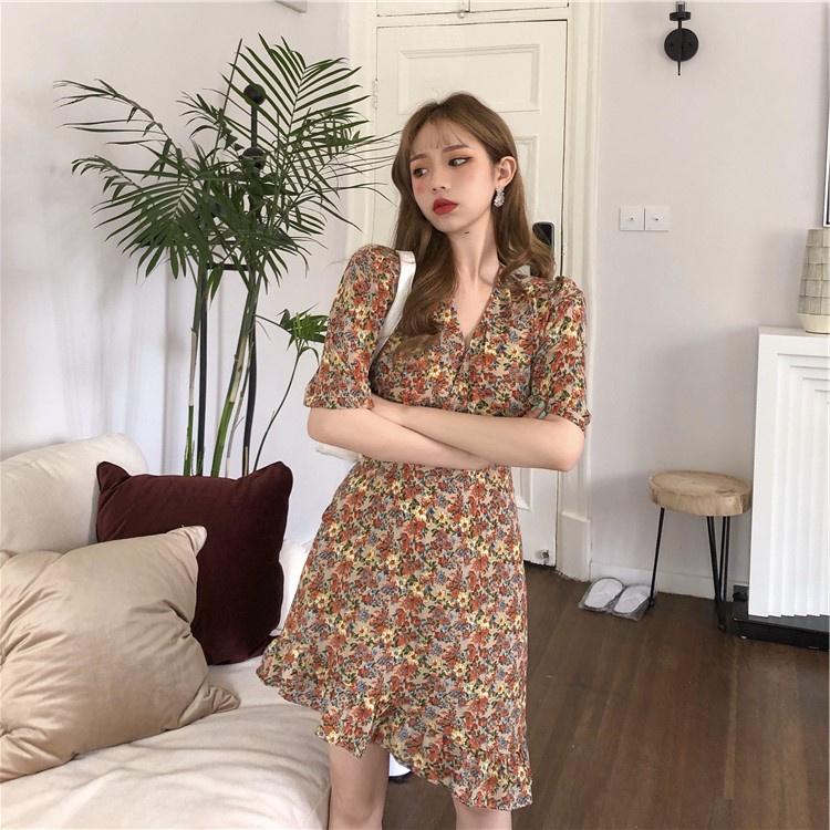 Cao eo Trim 2020 Summer Pháp Hepburn Gió V Collar Editing ăn mặc ngắn tay Chiffer Orange Terrier dài váy của phụ nữ