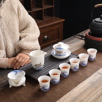 Ceramic suet jade tea set set blue and white porcelain sea dragon kung fu tea set home office creative gifts