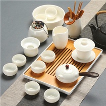 Dehua white porcelain kung-fu tea set household tea art simple high white jade porcelain side teapot cover bowl set of tea cups
