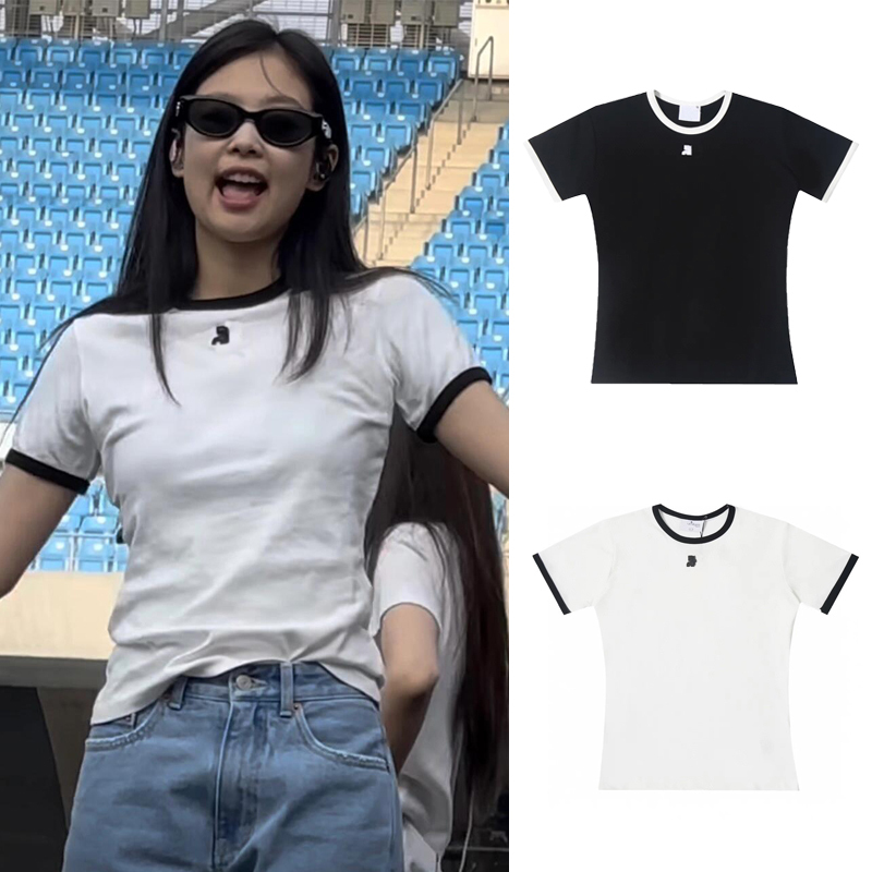High-End Original Design Cyndi Wang Jennie Style Short-Sleeve Niche Design Embroidered Slim-Fit Round-Neck T-Shirt Top for Women