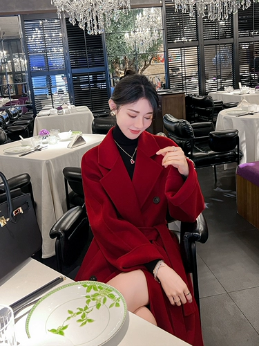 Зимнее классическое красное двусторонное кашемировое элитное шерстяное пальто, в корейском стиле