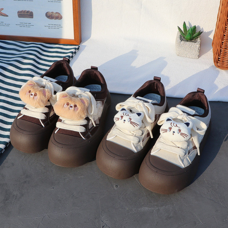 2026 Spring New Style Cute and Quirky Big-Toe Thick-Soled Cartoon Sneakers for Women, Fleece-Lined Casual Shoes for Students