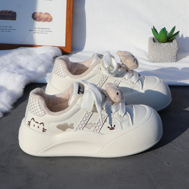 2025 New Autumn and Winter Thick-Soled White Sneakers for Women, Fleece-Lined, Versatile Casual Sports Shoes, Warm Double-Layer Cotton Loafers