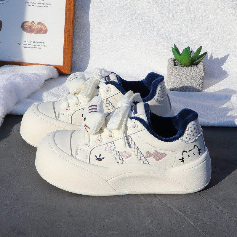 2025 New Autumn and Winter Thick-Soled White Sneakers for Women, Fleece-Lined, Versatile Casual Sports Shoes, Warm Double-Layer Cotton Loafers