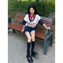 SHAKING National Tide brand retro college style polo shirt short sleeve Women summer T-shirt stitching fake two loose top