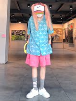 SHAKING summer full printed love shirt shirt Women summer cotton retro American harbor style leisure Joker couple