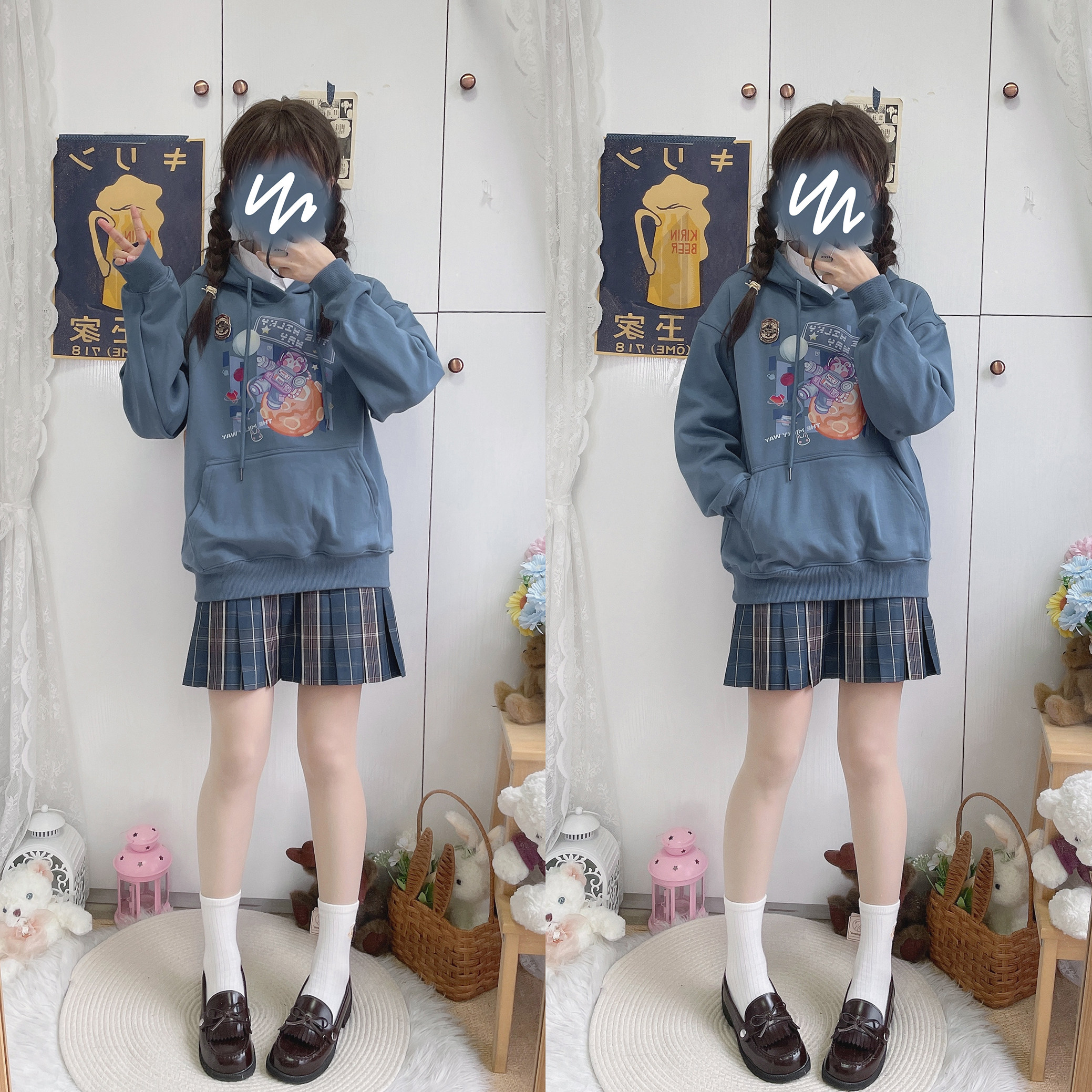 (Galaxy Sales) Space Rabbit Winter Plus Fleece Sweater Loose Anime Cartoon Hooded Sweet Printed Temperament