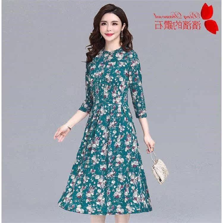 Summer dress, mid-length version, three-quarter sleeves, waist and slimming, mother's dress, mid-length version, floral dress