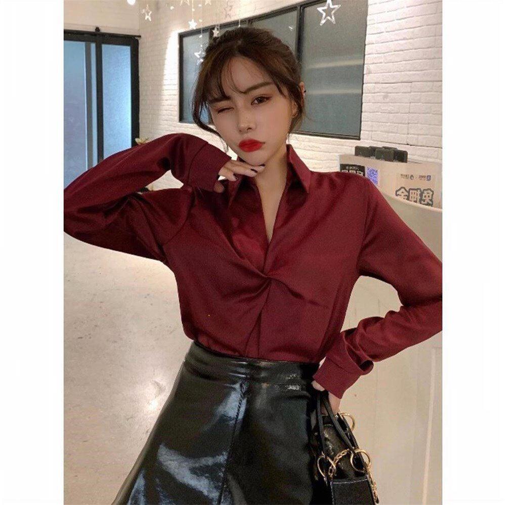 Niche V-neck design sense satin shirt women's Korean version early autumn tide long-sleeved loose shirt all-match