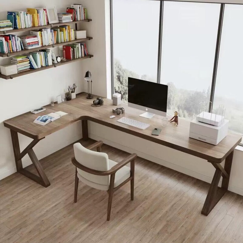 Solid Wood L-Shaped Corner Computer Desk for Home Use, Large Desk for Bedroom, Office Desktop Table, Corner Wall-Mounted Workbench