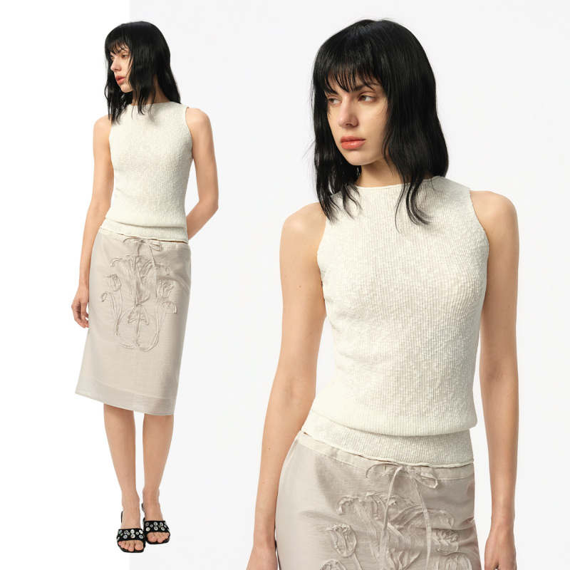 Interris Cotton Knotted Half-High Collar Ribbed Rolled Edge Sleeveless Vest 2026 Summer Vintage Slim Fit Thin Top
