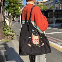 New Japanese ball chain embroidered black DJ cat eco-friendly bag canvas crossbody shopping bag large capacity ready in stock
