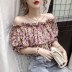 Mùa hè mới thời trang năm 2021 lưới màu đỏ sexy một từ quây ngực trên đầu áo sơ mi voan ngắn tay hoa cổ điển phụ nữ - Áo sơ mi chiffon ren