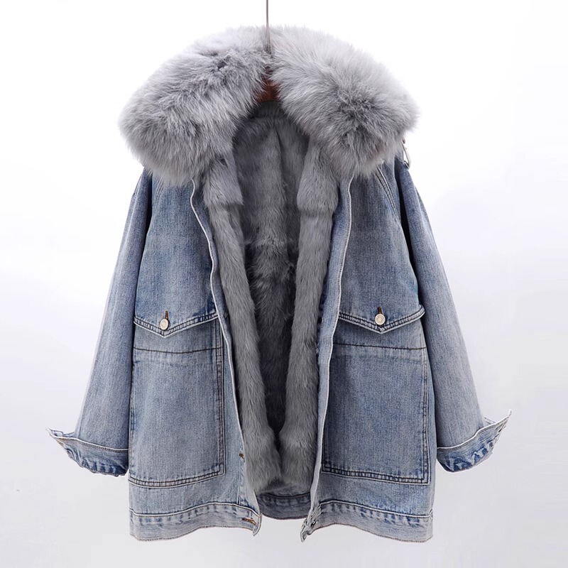Trendy Brand Winter Clothing New Style Fox Fur Collar Detachable Rex Rabbit Fur Lining Denim Parka Women's Fur Coat Overcoat