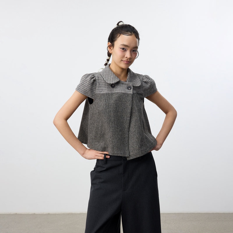 Set for Life Retro Pleated Color-Blocked Peter Pan Short-Sleeved Plaid Jacket