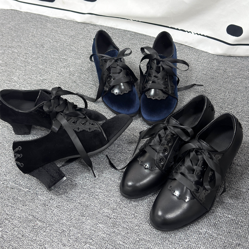 Walking Alone at Night Gururu Original Velvet Heels Elegant Cla-Style Lolita Gothic Small Leather Shoes