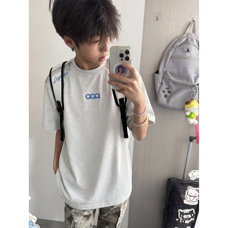 2026 New White and Gray Zipper Front Couple's Short-Sleeve T-Shirt for Men, Summer Loose Design Heavyweight Top 2026 New White and Gray Zipper Front Couple's Short-Sleeve T-Shirt for Men, Summer Loose Design Heavyweight Top