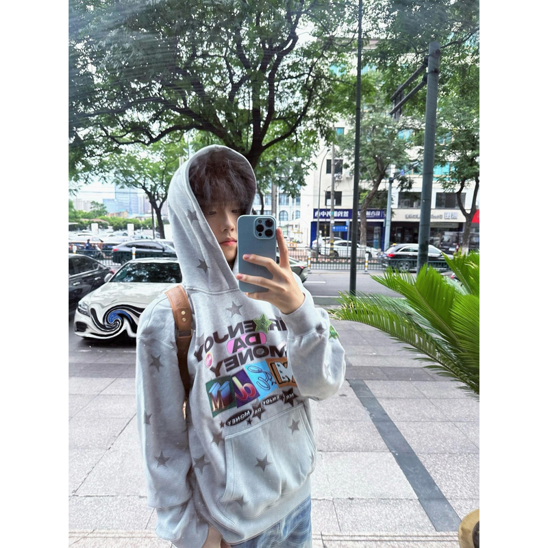 2026 New Gray Five-Pointed Star Printed Hooded Sweatshirt Men's Autumn Loose College Style Casual Heavy Jacket 2026 New Gray Five-Pointed Star Printed Hooded Sweatshirt Men's Autumn Loose College Style Casual Heavy Jacket