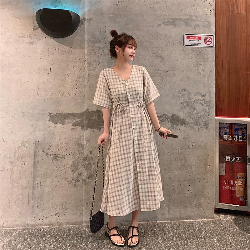 Fa-style retro V collar plaid slim fit waist display slim and small fresh temperament long version fairy shirt Long dress Summer