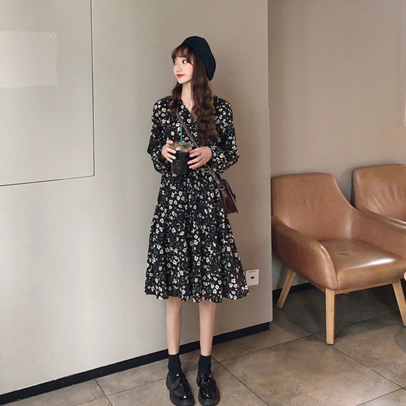 2021 popular women's new spring vintage chiffon floral dress Small early spring first love bellflower skirt